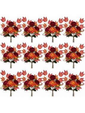 12 Bundles Fall Artificial Flower Bouquets - Vibrant Orange & Burgundy Peonies